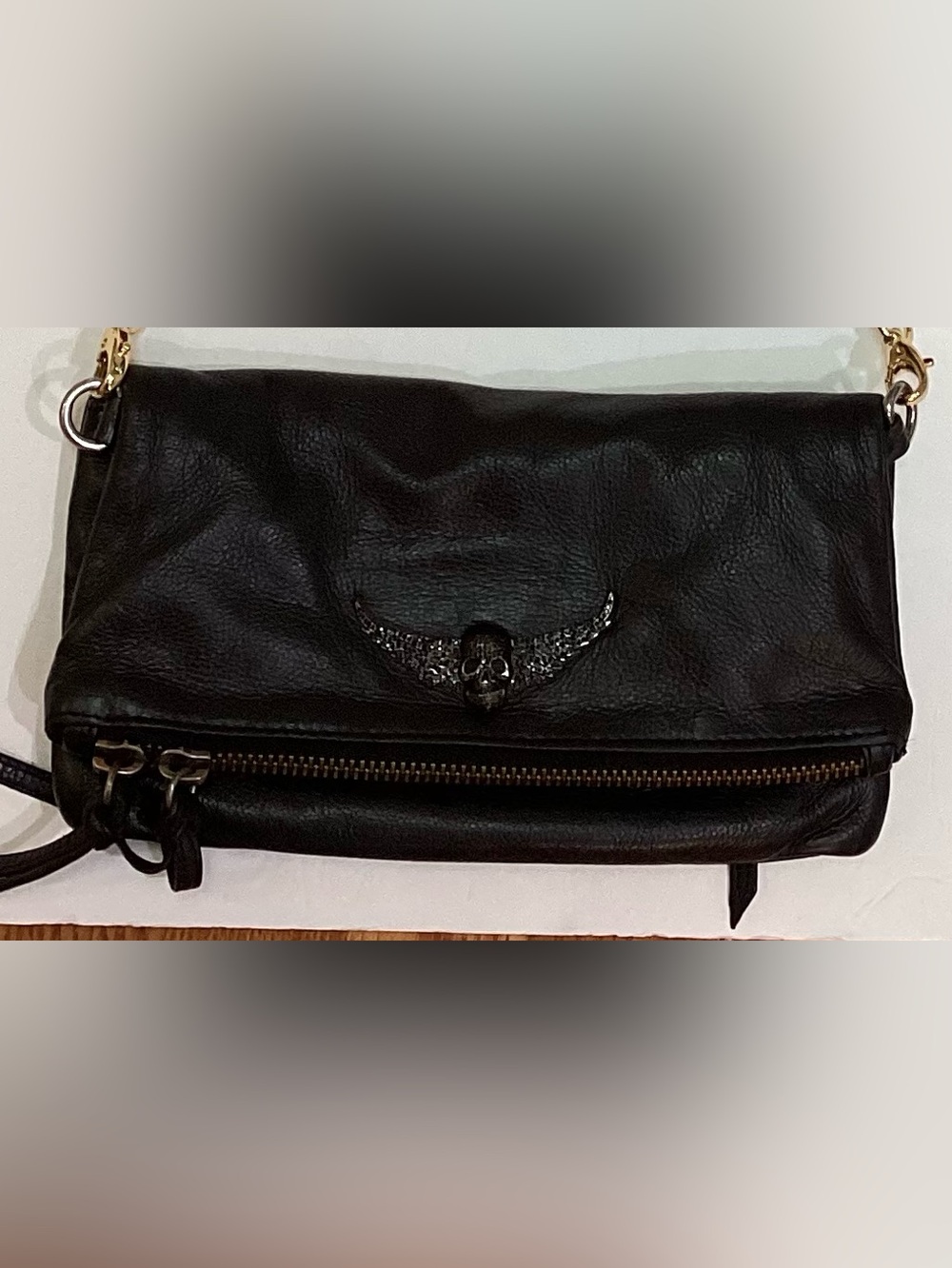 Zadig & Voltaire Rock Crossbody Convertible Clutch rhinestons Skull gold chain.